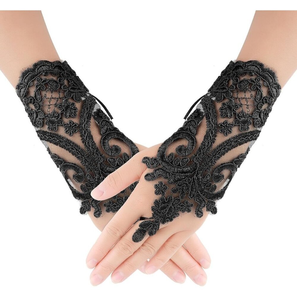 Women's Embroidered Evening Black Short Lace Gloves Halloween Party Prom